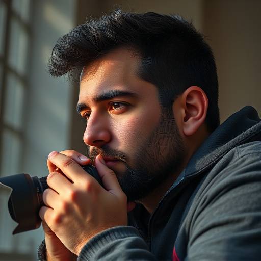 Foto de Carlos Alberto antes do curso da Aurora Digital, com um olhar pensativo e um equipamento amador.