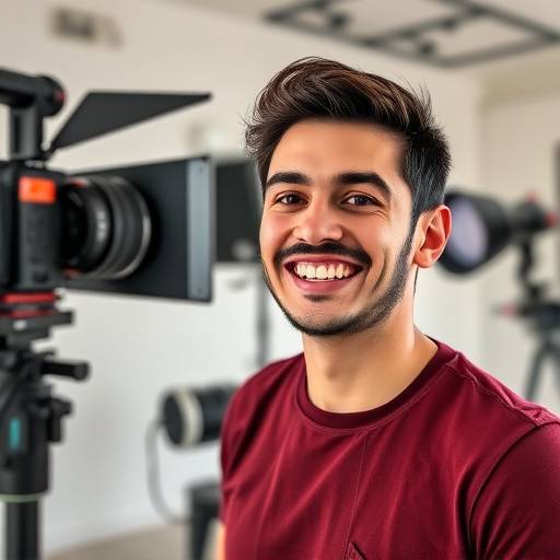 Foto de Lucas Oliveira, um homem sorrindo e demonstrando equipamento de ilumina√§√£o em um est√ºdio de v√≠deo.