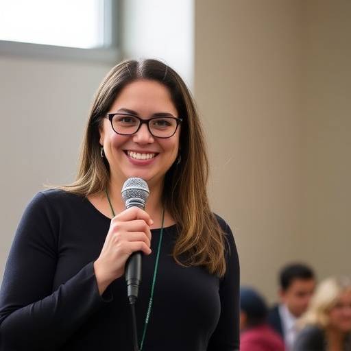 Foto de Maria Silva, uma aluna sorrindo e segurando um microfone.