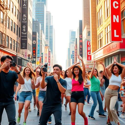Miniatura do curso de TikTok: V√°rias pessoas dan√§ando e criando v√≠deos curtos em diferentes cen√°rios urbanos vibrantes.