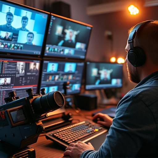 Um editor de v√≠deo profissional trabalhando em sua esta√§√£o de edi√§√£o com m√ºltiplas telas e equipamentos sofisticados.
