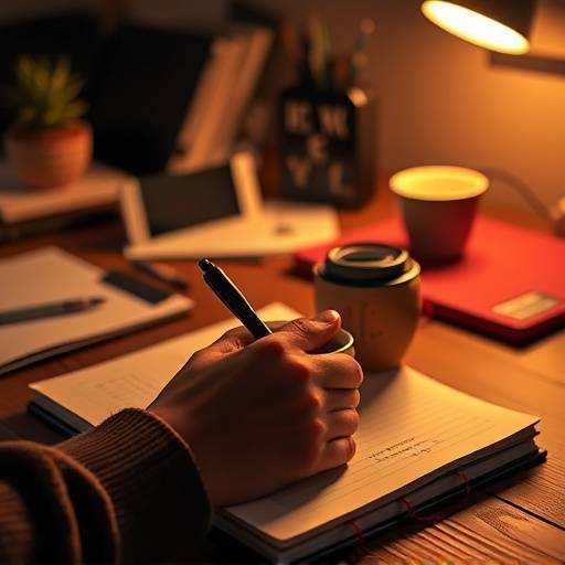 Uma pessoa escrevendo um roteiro em um caderno com uma x√≠cara de caf√© ao lado, em um ambiente de trabalho criativo.